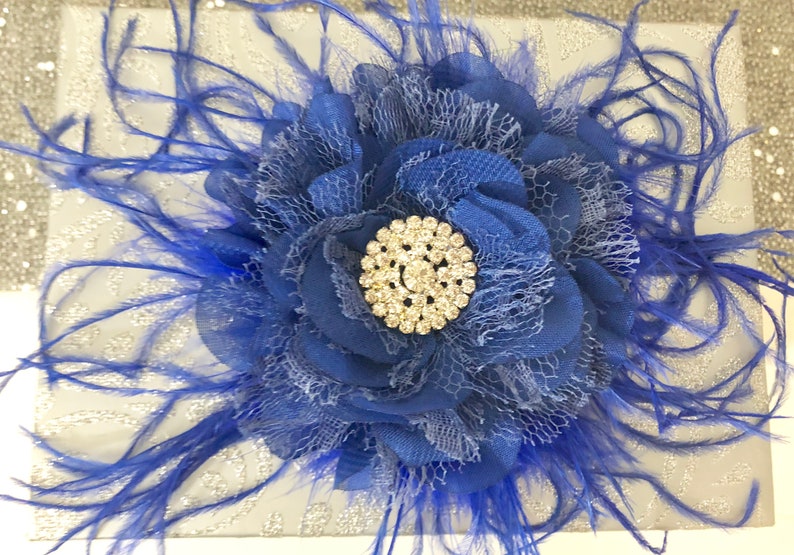 Bridal Hair Clip Bridal Flower Girl Hair Accessories Royal Blue Flower Hair Clip Derby Hat Feather Clip Blue Fascinator