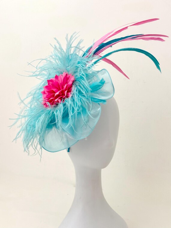 Aqua Blue Pink Fascinator Hat, ,Kentucky Derby Fascinator Hat, Wedding Tea Party Fascinate, Cotton Candy Bright Pink Turquoise Feather Hat