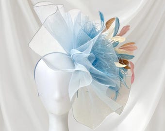 Blue Kentucky Derby Fascinator Hat, Light Blue, Beige,Pink Feather Hat, Sheer Kentucky Derby Hat, Church Wedding Fascinator Hat