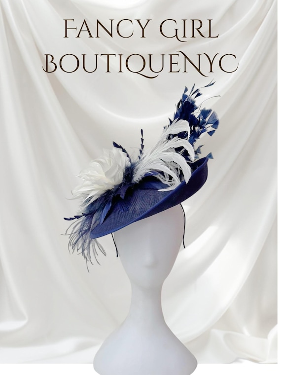 Navy and White Fascinator Hat, Navy White  Feather Derby Hat, Kentucky Derby Hat for Women, Church Church Wedding Mother of the Bride Hat