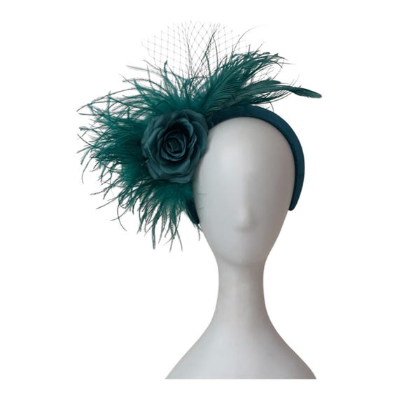 Dark Teal Feather Fascinator, Peacock Green Feather Hat, Dark Teal Veil Velvet Headband, Holiday Christmas Fascinator, 3D Fascinator Hat