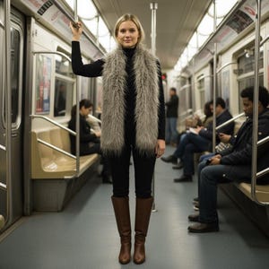 May include: A woman wearing a faux fur vest, black turtleneck, black pants, and brown leather boots stands in a subway car. Passengers are seated on benches in the background. The subway car has metal handrails and overhead lights.