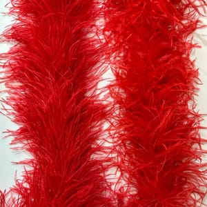 May include: Two vibrant red feather boas, displayed against a white background. The fluffy, textured boas are densely packed with long, soft feathers, creating a luxurious and eye-catching appearance. Ideal for costumes or decorative purposes.