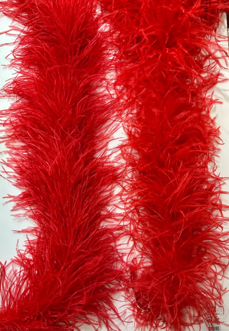 May include: Two vibrant red feather boas, displayed against a white background. The fluffy, textured boas are densely packed with long, soft feathers, creating a luxurious and eye-catching appearance. Ideal for costumes or decorative purposes.