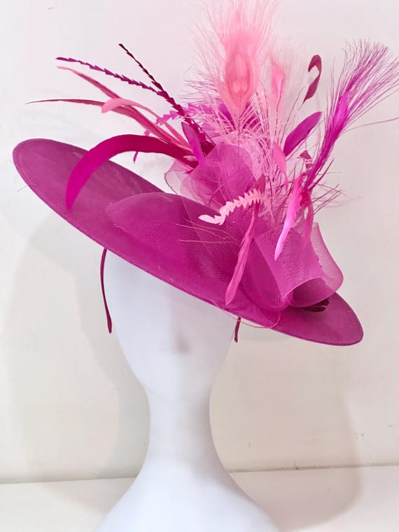 Hot Pink Fascinator Hat, Big Summer Racers Derby Hat, Pink Hot Pink Church Feather Hat, Church Hat, Wedding Fascinator,Tea Party Hat