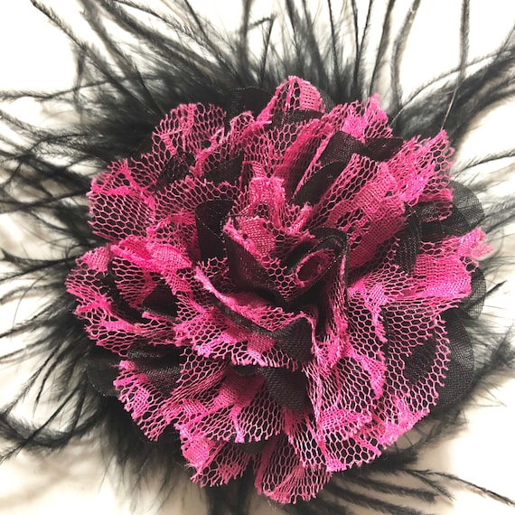 Pink and Black Lace Clips Fuchsia Hair Clip,Dance Costume Hair piece,Pink Black Feather Hair Clip,Dance Costume Headpiece, Derby Flower clip