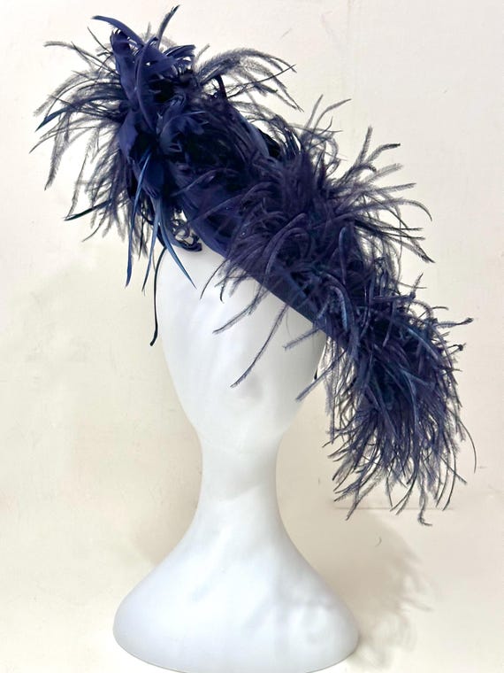 Navy Feather Hat, Navy Blue Fascinator Hat, Ostrich Feather Custom Feather Fascinator Hat, Couture Design, Garden Party Hat, Church Wedding