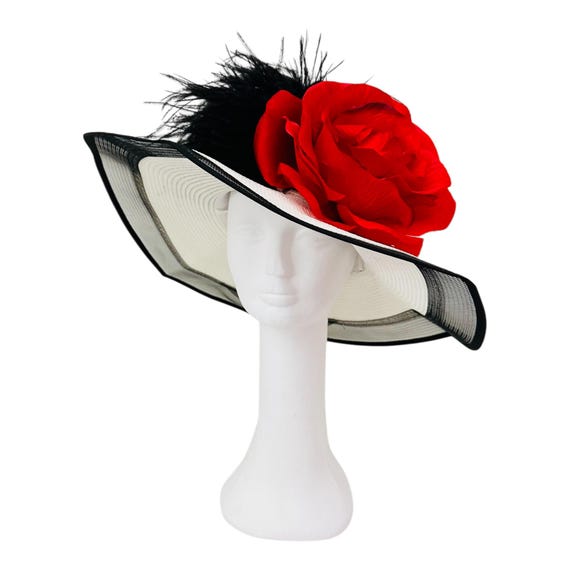Black White Red Derby Hat, Kentucky Derby Hat, Big Brim Derby Hat, Church Wedding Hat, Black White Red Rose Derby Hat, Orange Pink Derby Hat