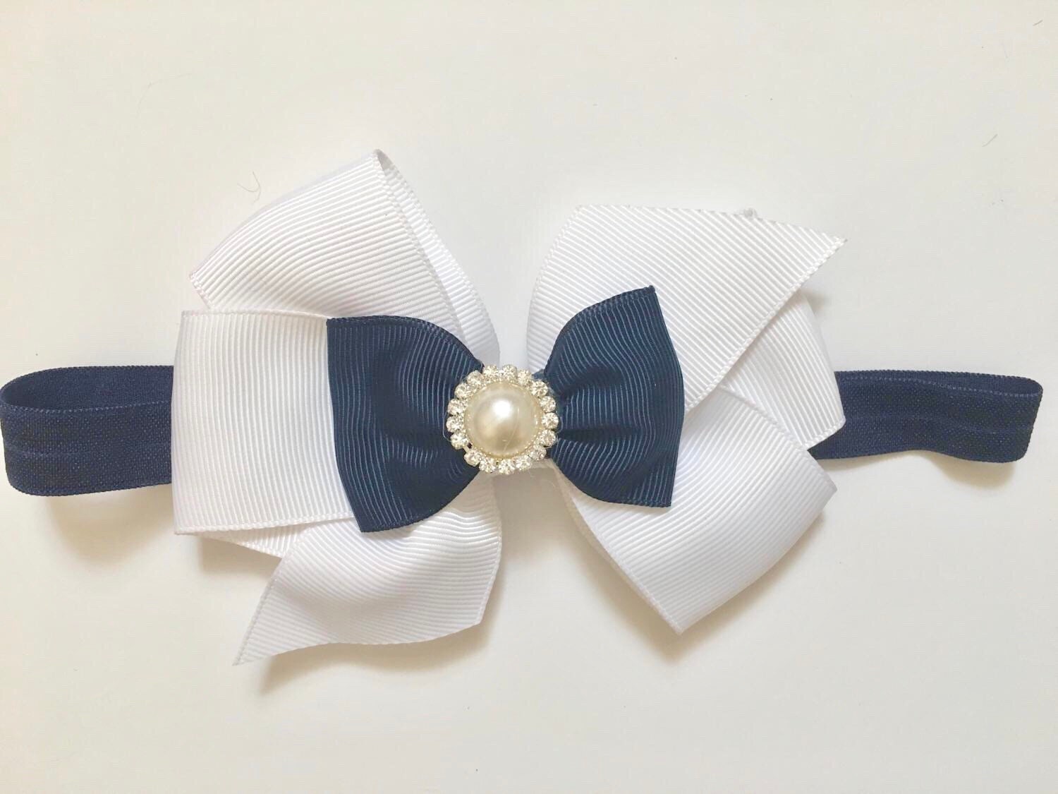 Navy And White Pearl Hair Bow Headband Nautical Headband