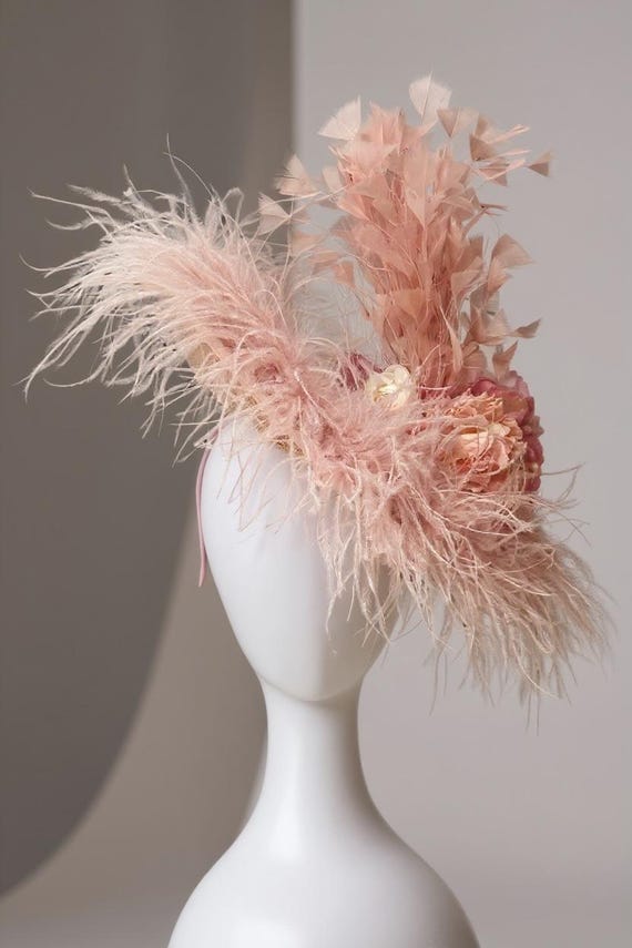 Dusty Rose Blush Beige Fascinator Hat, Couture Feather Hat,Derby Hat for Women, Dusty Rose Ostrich Feather Church Wedding High Tea Party Hat