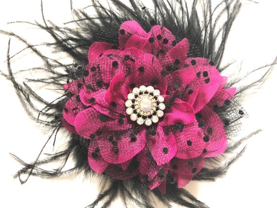 Fuchsia Pink and Black Feather Hair Clip, Pink Black Lace Clip, Fuchsia Pink and Black Hair Clip, Dance Costume Feather hairpiece, Customize