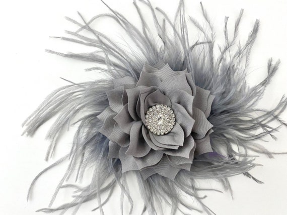 Silver GrayFascinator Hair Clip, Silver Feather Clip, Silver Wedding Bridal Flowers Clips, Mother of The Bride hairpiece, All color Flowers