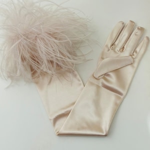 Champagne Opéra Gloves With Ostrich Feather Elbow Cuffs, Wedding Gloves, Champagne Beige Feather