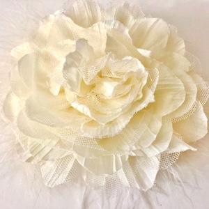 Oversized Flower Brooch, Big Flower Clip, Bridal Wedding Flower Clips, Creme Ivory, Pink, White Marabou Feather Brooch or Hair Clip