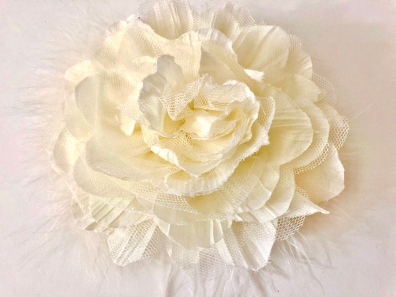 Oversized Flower Brooch, Big Flower Clip, Bridal Wedding Flower Clips, Creme Ivory, Pink, White Marabou Feather Brooch or Hair Clip