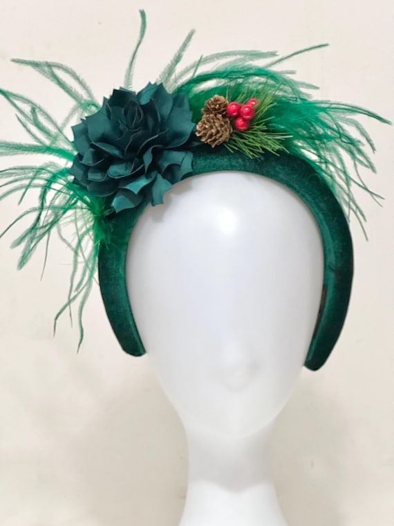 Green Feather Headband, Green Christmas Fascintor Hat, Hunter Green, Deep Green Feather Velvet Headband, Christmas Holly ,Bespoke Headband