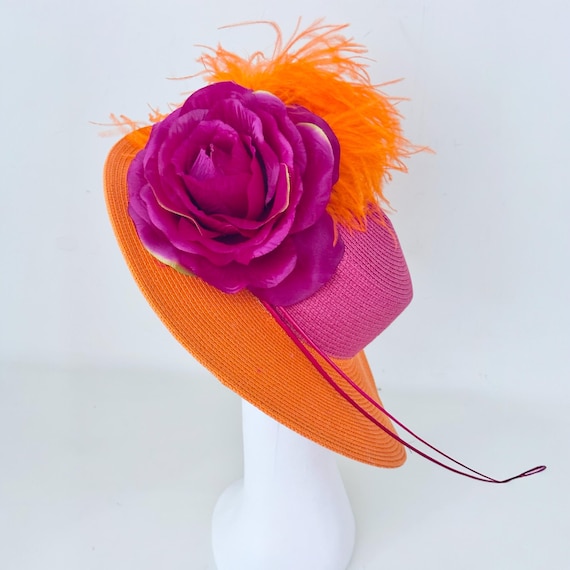Pink Orange Big Derby Hat, Pink Orange Feather Hat, Tropical Beach Wedding Hat, Couture Feather Hat, Church Hat, Garden Tea Party Hat
