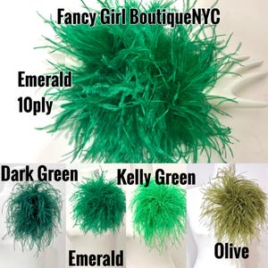May include: A collection of ostrich feather trims in various shades of green. The top image is labeled Fancy Girl BoutiqueNYC and Emerald 10ply. The bottom row displays Dark Green, Emerald, Kelly Green, and Olive feather clusters on white forms.