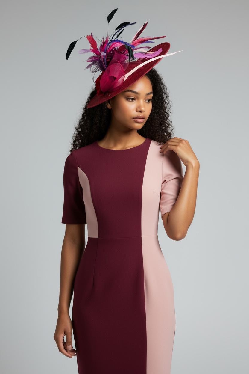 Burgundy Dusty Rose  Fascinator Hat, Big Derby Fascinator Hat, Red Wine Pink Black Feather Hat, Church Wedding Hat, Burgundy Wine  Hat