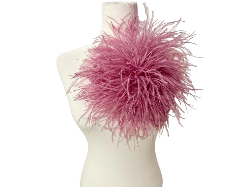 May include: A dusty rose ostrich feather boa, displayed on a white mannequin bust. The boa is densely packed with soft, feathery plumes, creating a full, textured appearance. The feathers radiate outwards, adding volume and a touch of elegance.