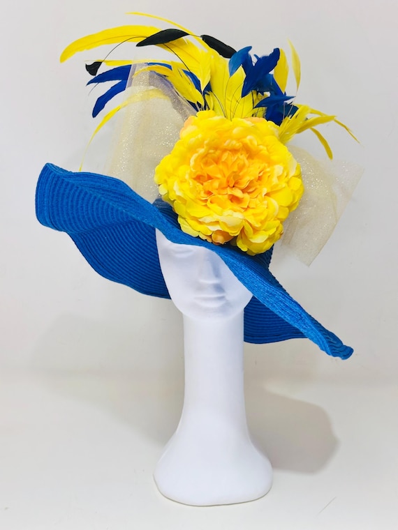 Yellow Blue Kentucky Derby Hat, Blue Yellow Fascinator Hat, Big Derby Hat, Feather Church Derby Hat, Ascot Derby Hat for women