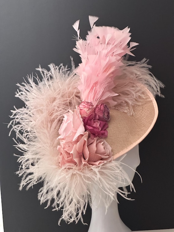 Pink Dusty Rose Kentucky Derby Hat Fascinator, Church Wedding Fascinate Hat,Big Derby Hat, Garden Tea Party Hat,Dusty Rose Feather Derby Hat