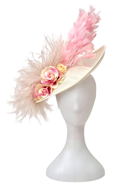 Champagne beige Blush Pink  Fascinator Hat: Ivory Pink Rose Flower, Blush Beige Feather Derby Fascinator Hat, Kentucky Derby Fascinator Hat