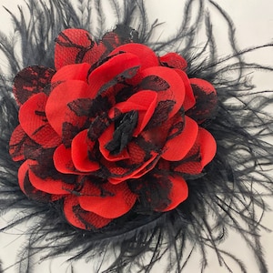 Red Black Lace Hairpiece Red Black Feather Hair Clip, Dance Costume Feather Clip, Black Red Hair Clip, Dance Costume hairpiece, Red Black