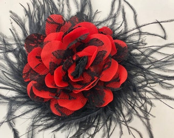 Red Black Lace Hairpiece Red Black Feather Hair Clip, Dance Costume Feather Clip, Black Red Hair Clip, Dance Costume hairpiece, Red Black