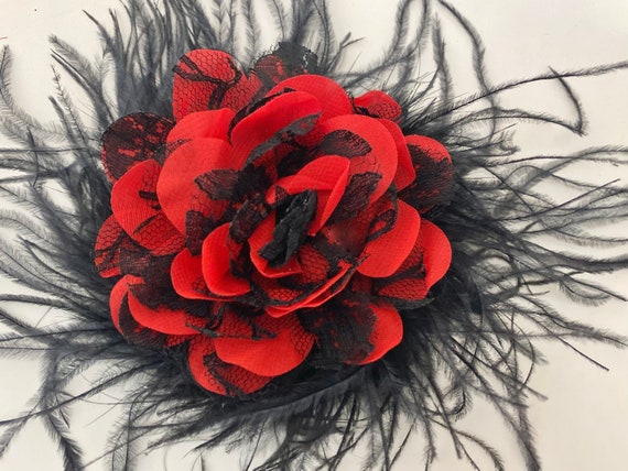 Red Black Lace Hairpiece Red Black Feather Hair Clip, Dance Costume Feather Clip, Black Red Hair Clip, Dance Costume hairpiece, Red Black