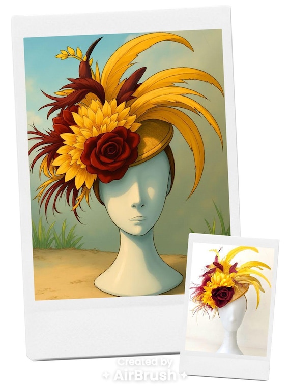 Gold and Wine Fascinator Hat, Mustard Yellow Red Wine Feather Fascinator Hat, Fall Harvest, Fascinator, Church Wedding Hat, Garden Tea Party
