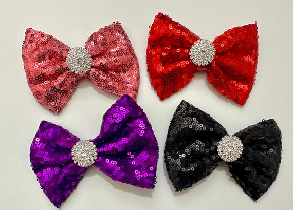 4" Sequin Bows, Dance Costume Clip, Crystal Bows, Dance Costume Sequin Bow, Black  Hair Bow, Purple Hair Bow, Pink Rose Crystal Bow