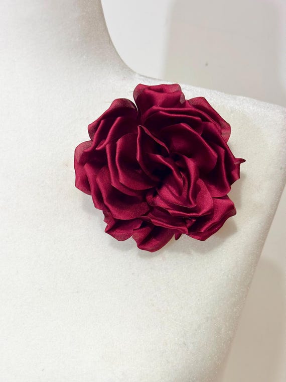 Satin Flower Pin, Pink, Red Wine Flower Pin, Ivory Satin Flower Pin, Statement Boutonniere, Flower Corsage Pin, Ivory Red Christmas Brooch