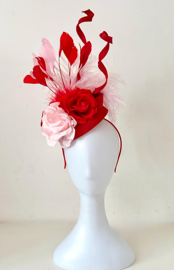 Pink Red Derby Fascinator Hat, Kentucky Derby Hat, Pink Red Roses Feather Hat, Church Wedding Fascinate, High Garden Tea Party Hat, Custom