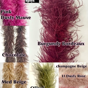 May include: A collage of ostrich feather boas in various colors. Colors include pink dusty mauve, burgundy, chocolate, medium beige, olive/army green, champagne beige, light dusty rose, and dusty rose. The text "Ostrich Feather 4plys" is at the top.
