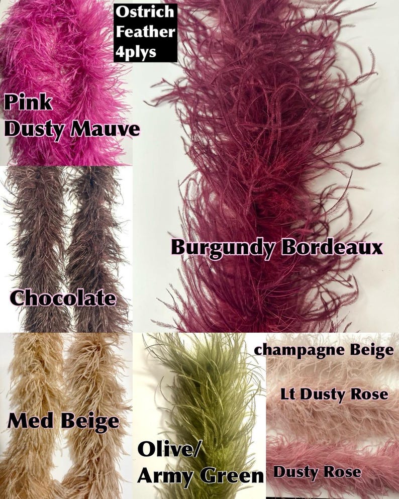 May include: A collage of ostrich feather boas in various colors. Colors include pink dusty mauve, burgundy, chocolate, medium beige, olive/army green, champagne beige, light dusty rose, and dusty rose. The text "Ostrich Feather 4plys" is at the top.