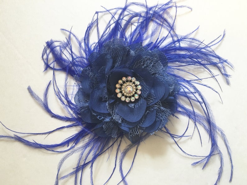 Bridal Hair Clip Bridal Flower Girl Hair Accessories Royal Blue Flower Hair Clip Derby Hat Feather Clip Blue Fascinator