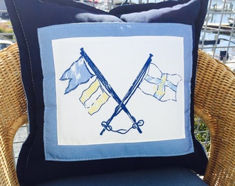 Ralph Lauren Nautical Crossed Flags INDOOR OUTDOOR fabric Pillow (covers) with decorative grommets & line.