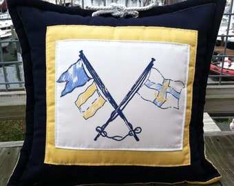 Ralph Lauren Nautical Crossed Flags INDOOR OUTDOOR fabric Pillow (covers) with decorative grommets & line.