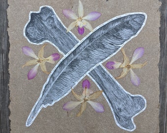 The Herbarium Print Series - 10"x10" Etchings stitched onto handmade cattail paper with pressed flowers