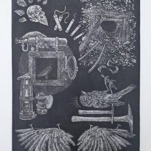 May include: A black and white etching featuring a variety of objects. A bird skull, dynamite, a mine entrance, a bird in a diving helmet, a bird with a halo, wings, and tools are depicted. The artwork has a vintage, industrial theme.