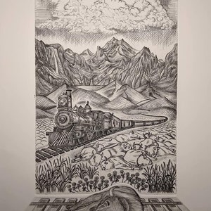 May include: A black and white engraving of a train traveling through a mountainous landscape. The train is in the foreground, and the mountains are in the background. There are several buffalo lying on the ground in front of the train. The engraving is in a vintage style.
