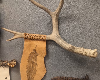 Crow Feather and Deer Antler - Etching on Leather - Wall Hanging