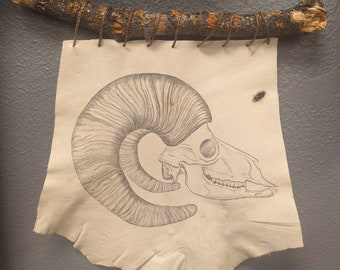 Ram Skull - Etching on Leather - Wall Hanging