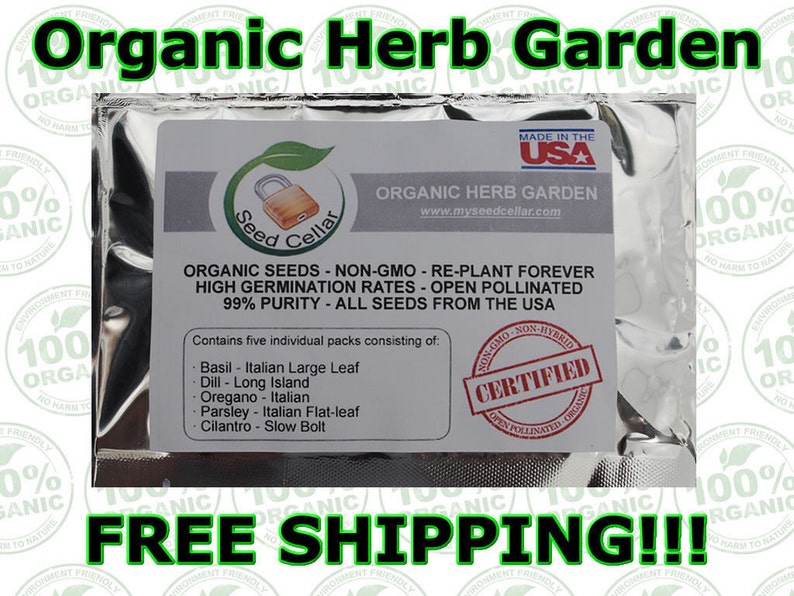 Peut inclure: Un sachet en feuille d'aluminium argent&eacute; de graines de jardin d'herbes biologiques. Le sachet pr&eacute;sente un drapeau am&eacute;ricain rouge, blanc et bleu avec les mots "Made in the USA". Le sachet comporte &eacute;galement un sceau rouge qui indique "Certified Non-GMO, Non-Hybrid, Open Pollinated, Organic". Le texte sur le sachet indique "Organic Seeds - Non-GMO - Re-Plant Forever High Germination Rates - Open Pollinated 99% Purity - All Seeds From The USA Contains five individual packs consisting of: Basil - Italian Large Leaf Dill - Long Island Oregano - Italian Parsley - Italian Flat-leaf Cilantro - Slow Bolt"