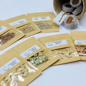 May include: A set of ten seed packets containing various vegetable seeds. The packets are made of brown paper with clear plastic windows. The seeds are visible through the windows. The packets are labeled with the type of seed, purity, germination rate, and origin. The labels are printed in black ink on white paper. The packets are arranged in a grid pattern on a white surface.