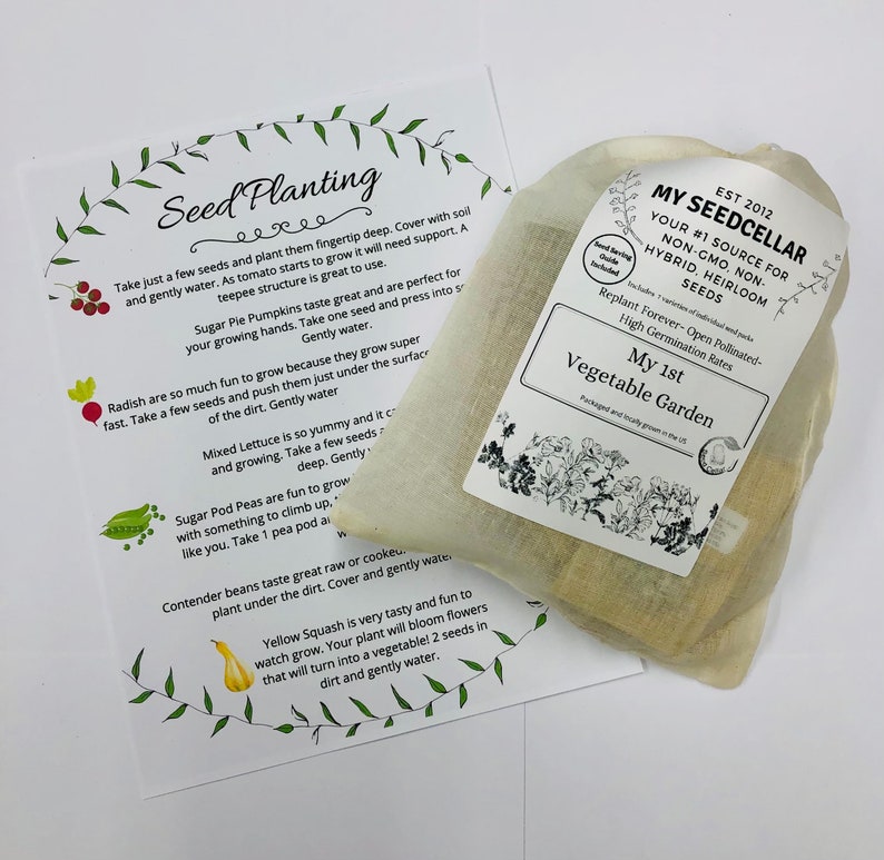 May include: A white cloth bag with a label that reads "My Seed Cellar" and "Your #1 Source for Non-GMO, Non-Hybrid, Heirloom Seeds". The bag contains small packets of seeds. The image also includes a white sheet of paper with instructions for planting seeds.