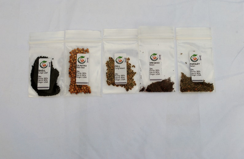 Peut inclure: Cinq petits sachets en plastique transparent contenant diff&eacute;rents types de graines d'herbes. Les sachets sont &eacute;tiquet&eacute;s avec le nom de l'herbe, "Basilic, Grande Feuille", "Coriandre, Croissance Lente", "Aneth, Long Island", "Origan, Italien", et "Persil".