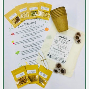 May include: A set of gardening supplies with a white bag, brown paper seed packets, and small brown pots. The bag has the text "My Seed Cellar" and "My 1st Vegetable Garden". The seed packets are labeled with the names of different vegetables, such as "Sugar Pie Pumpkins", "Radish", and "Yellow Squash".