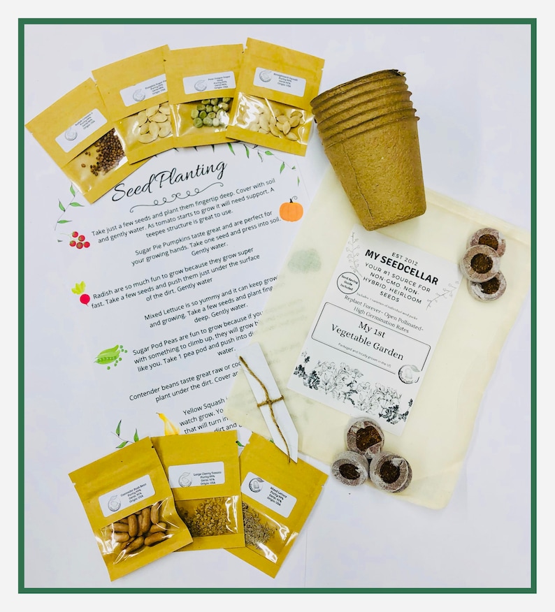 May include: A set of gardening supplies with a white bag, brown paper seed packets, and small brown pots. The bag has the text "My Seed Cellar" and "My 1st Vegetable Garden". The seed packets are labeled with the names of different vegetables, such as "Sugar Pie Pumpkins", "Radish", and "Yellow Squash".